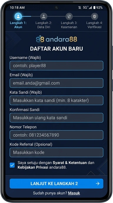 Cara Mudah Daftar Akun andara88 untuk Pengguna Android